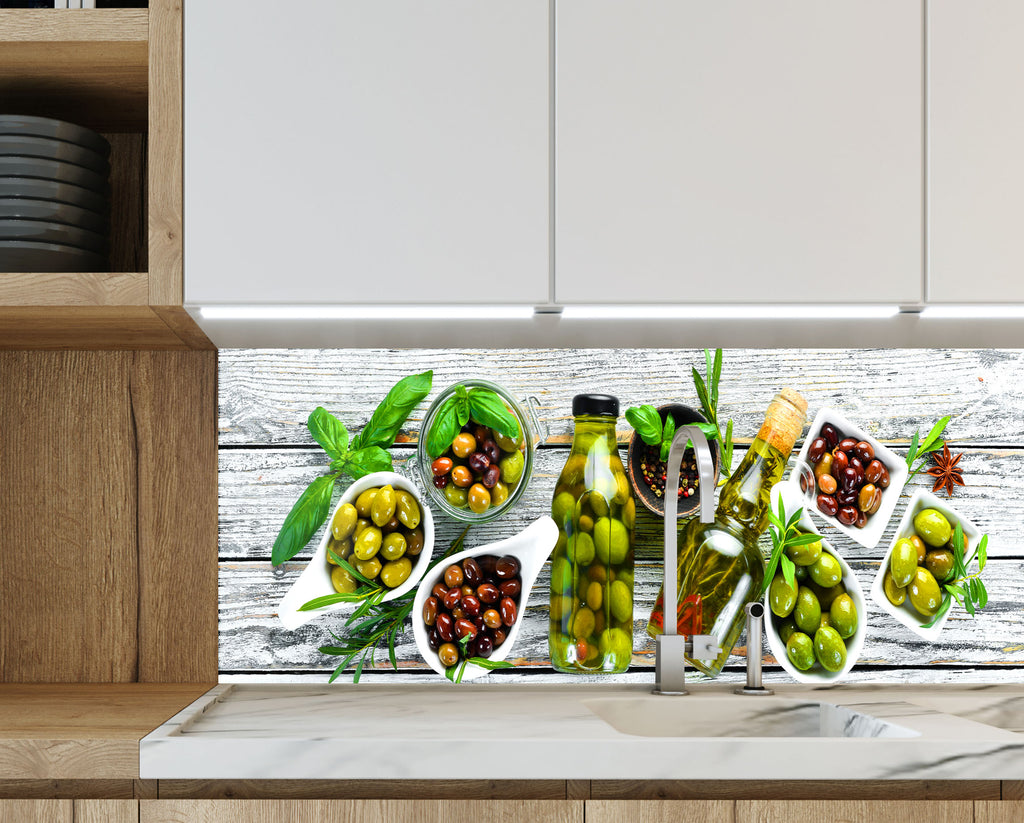 Olive-Themed Glass Kitchen Backsplash – Fresh and Flavorful Design-BacksplashArtworks