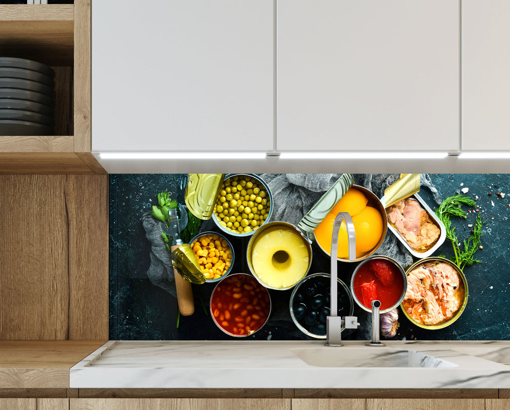 Gourmet Canned Food Art – Glass Kitchen Backsplash-BacksplashArtworks
