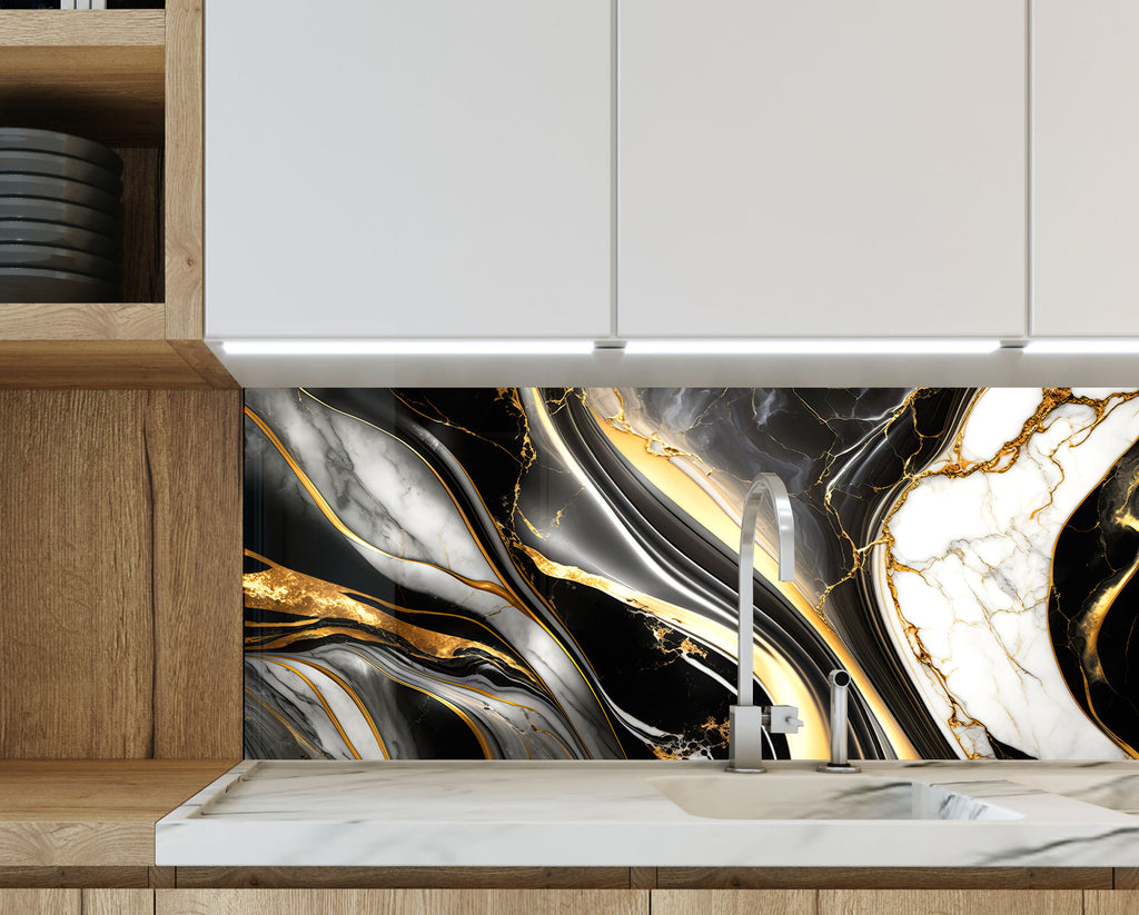 Black & Gold Marble Swirl - Glass Kitchen Backsplash-BacksplashArtworks