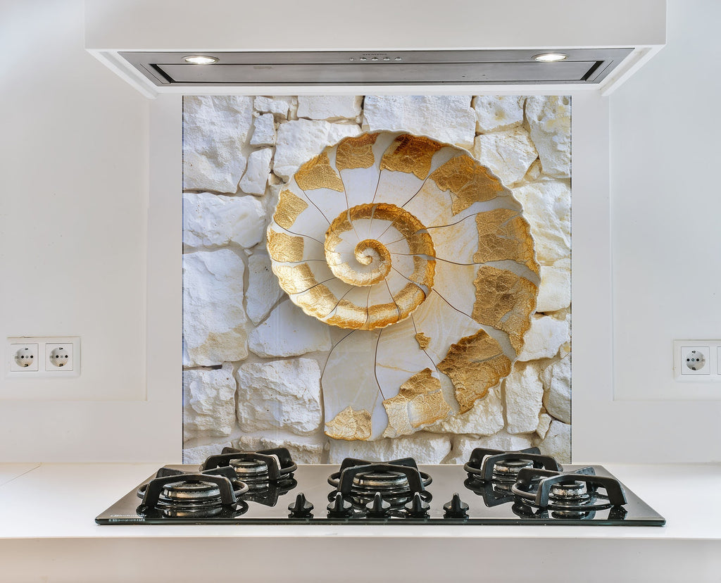 Golden Fossil - Glass Kitchen Backsplash-BacksplashArtworks