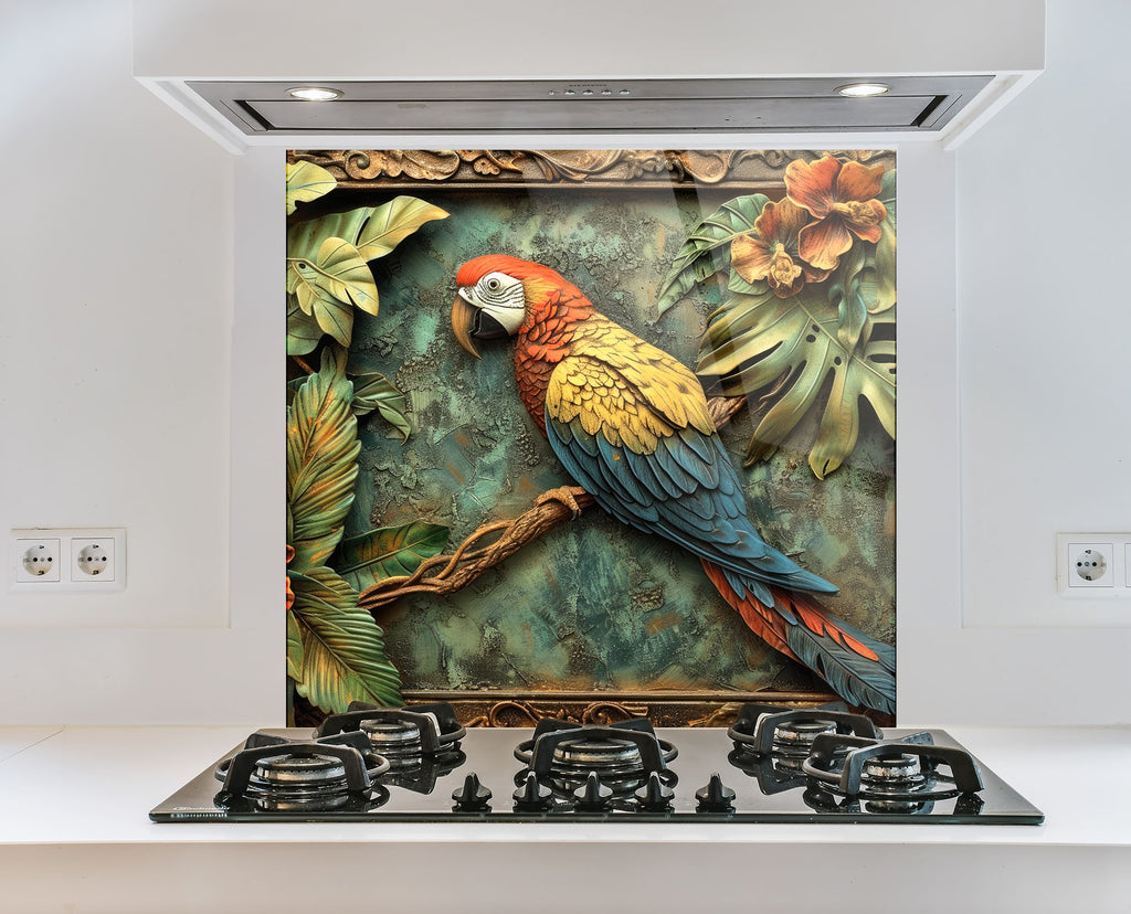 Tropical Parrot – Glass Kitchen Backsplash-BacksplashArtworks