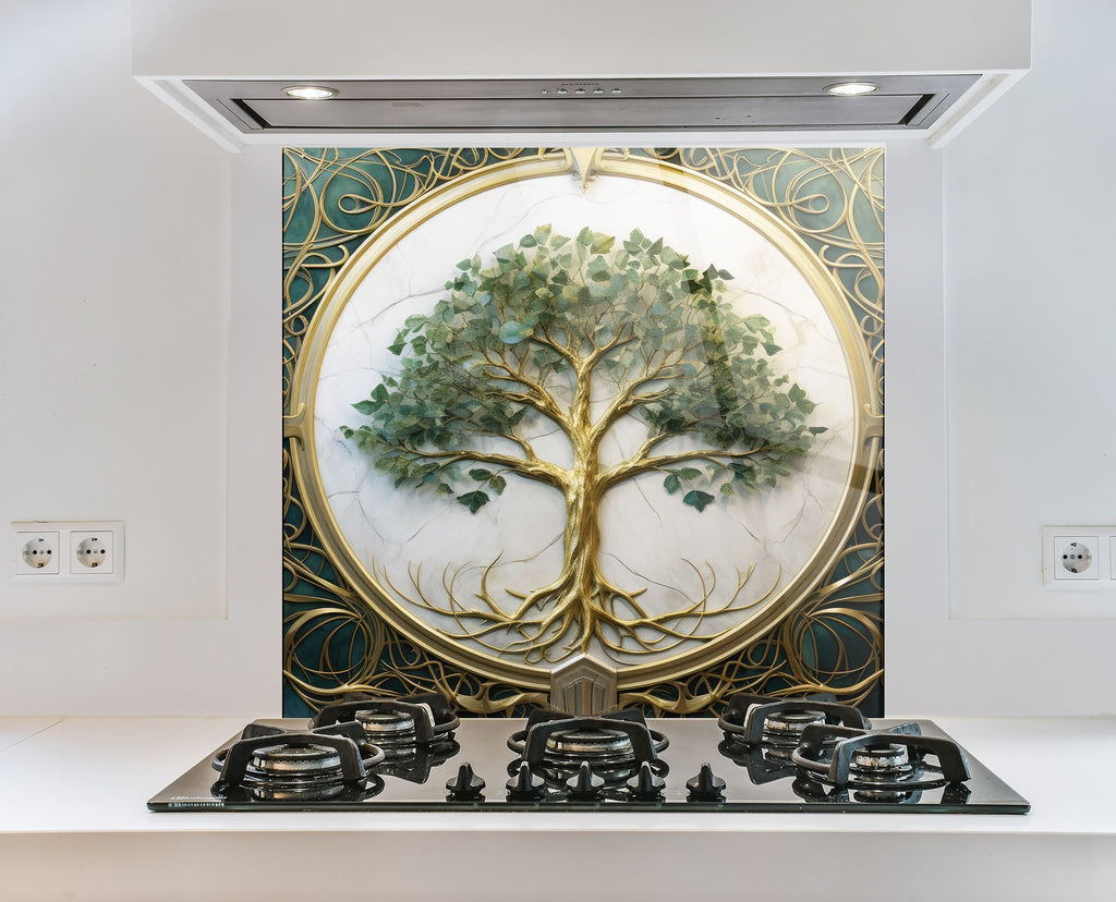 Green & White Life of Tree - Glass Kitchen Backsplash-BacksplashArtworks