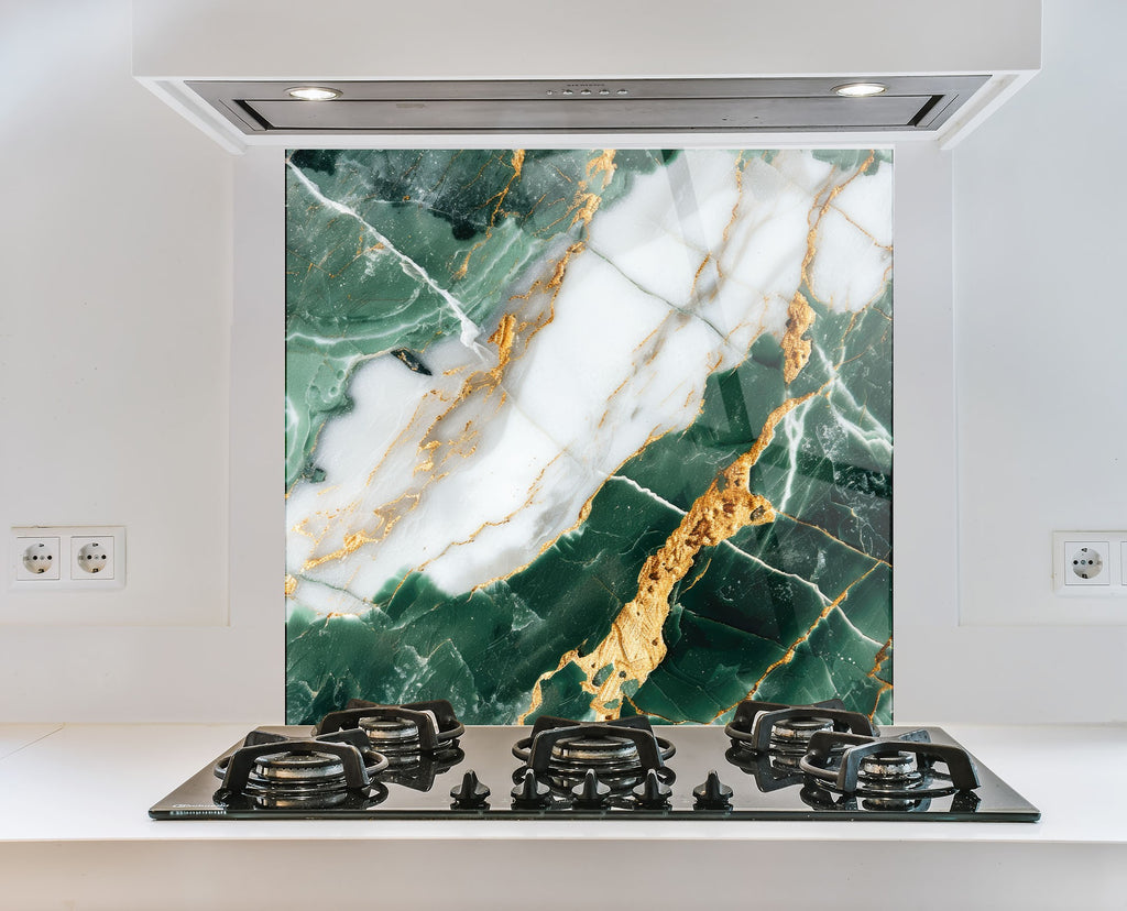 Green & White Gold Vein Marble - Glass Kitchen Backsplash-BacksplashArtworks