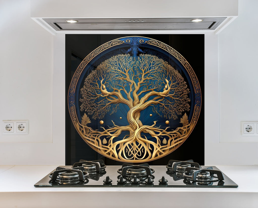 Golden Tree of Life - Tempered Glass Kitchen Backsplash-BacksplashArtworks