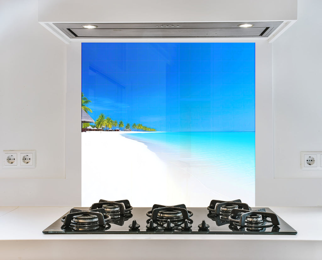 Tropical White Sand Beach Wall Art – Tempered Glass Bathroom Backsplash-BacksplashArtworks