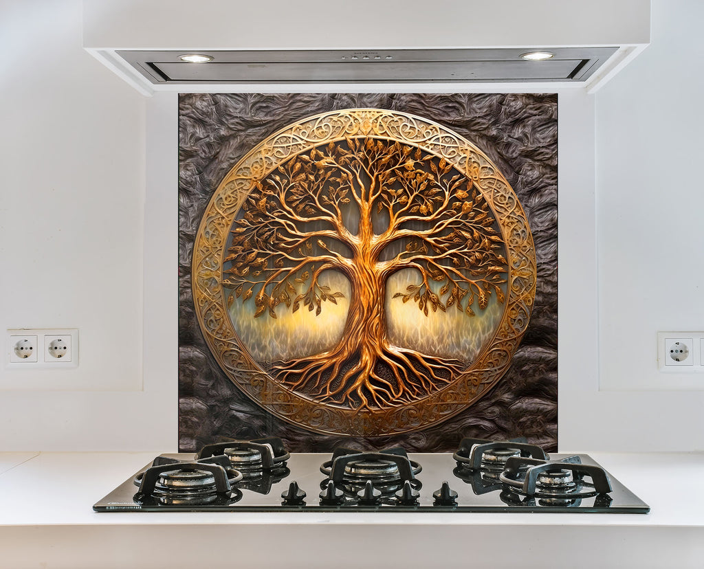 Golden Life of Tree - Tempered Glass Kitchen Backsplash-BacksplashArtworks