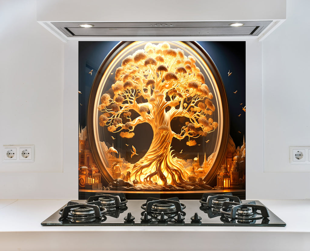 Gold Tree of Life - Glass Kitchen Backsplash-BacksplashArtworks