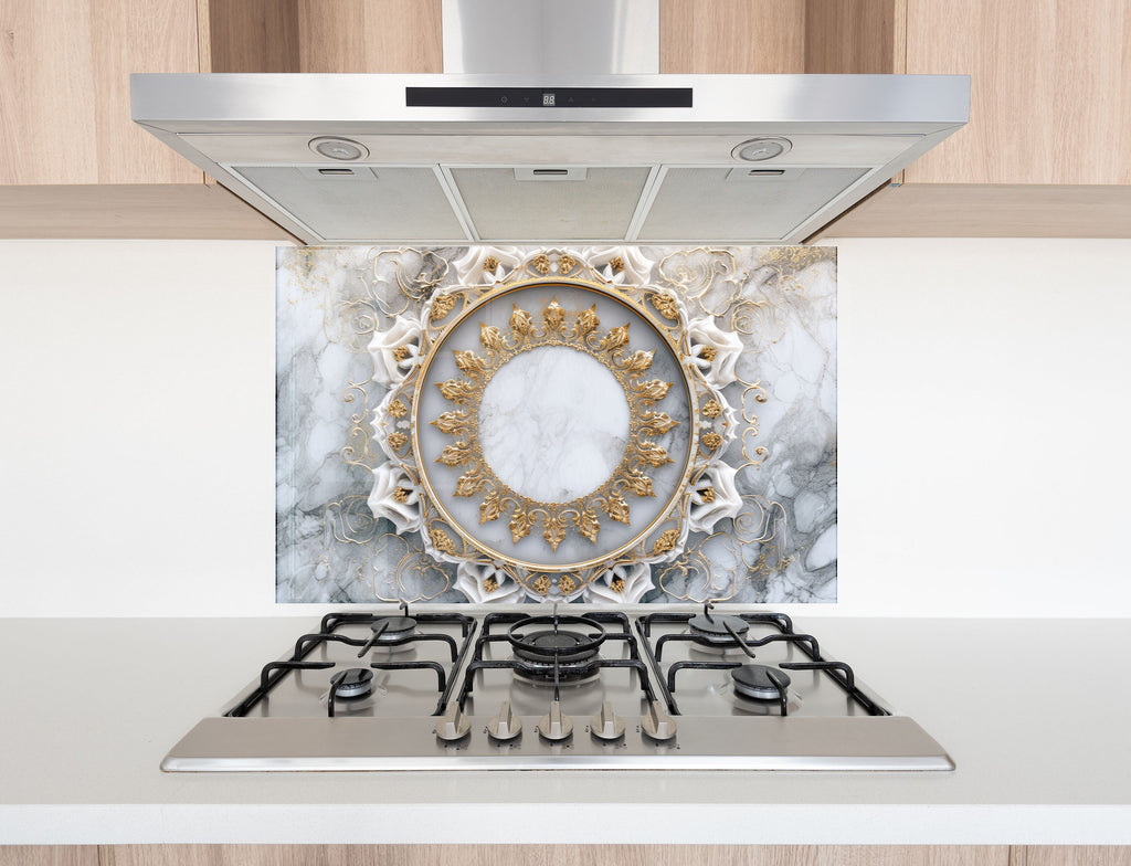 Luxury Marble & Gold Mandala - Glass Kitchen Backsplash-BacksplashArtworks