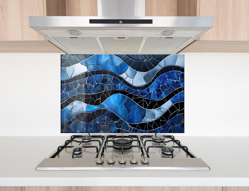 Mosaic Tempered Glass Kitchen Backsplash with Blue Wave Design-BacksplashArtworks