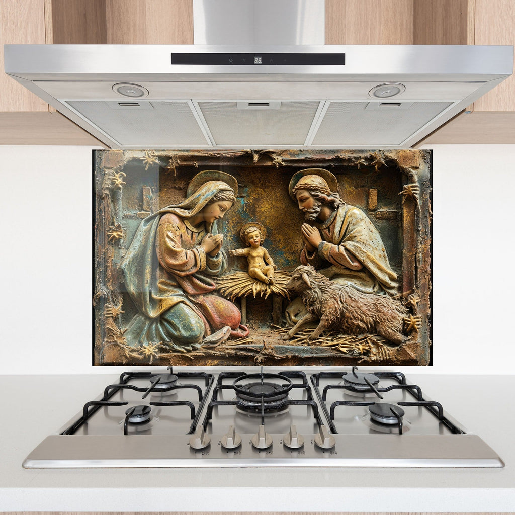 Holy Nativity Scene - Glass Kitchen Backsplash-BacksplashArtworks