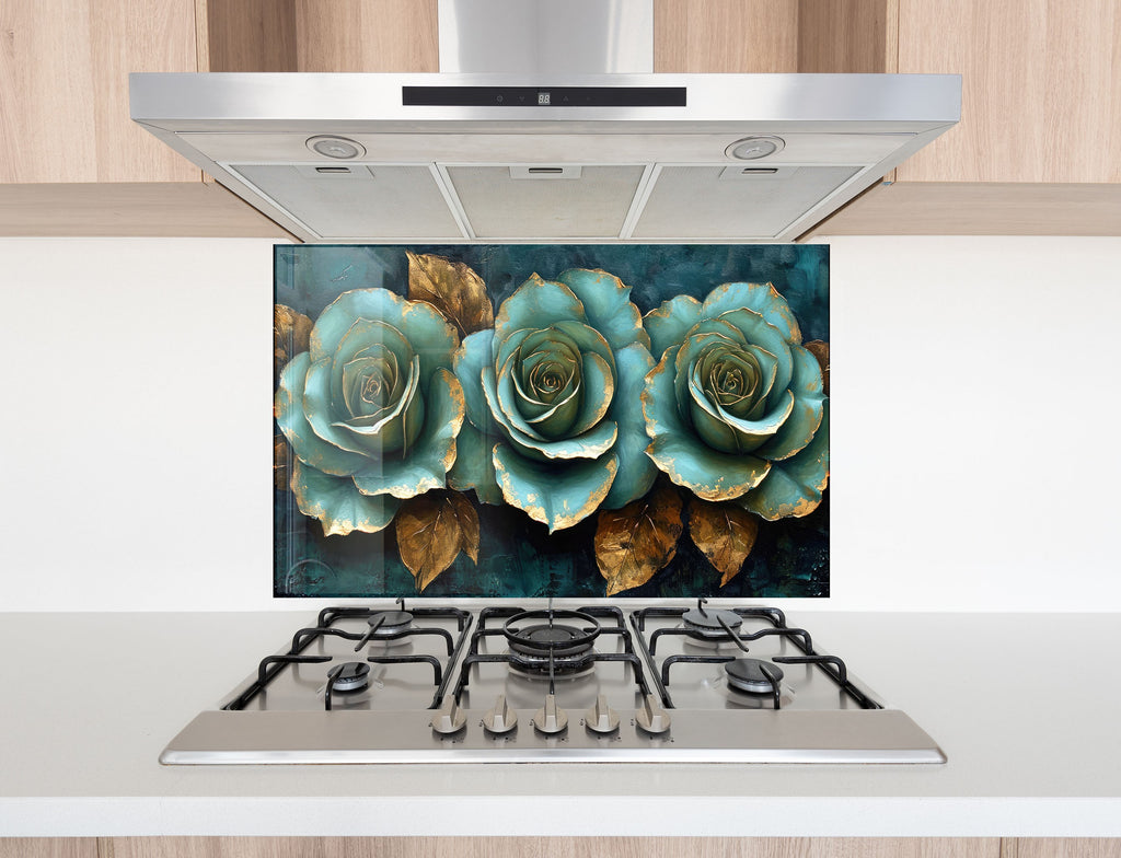 Golden Teal Roses - Glass Kitchen Backsplash-BacksplashArtworks