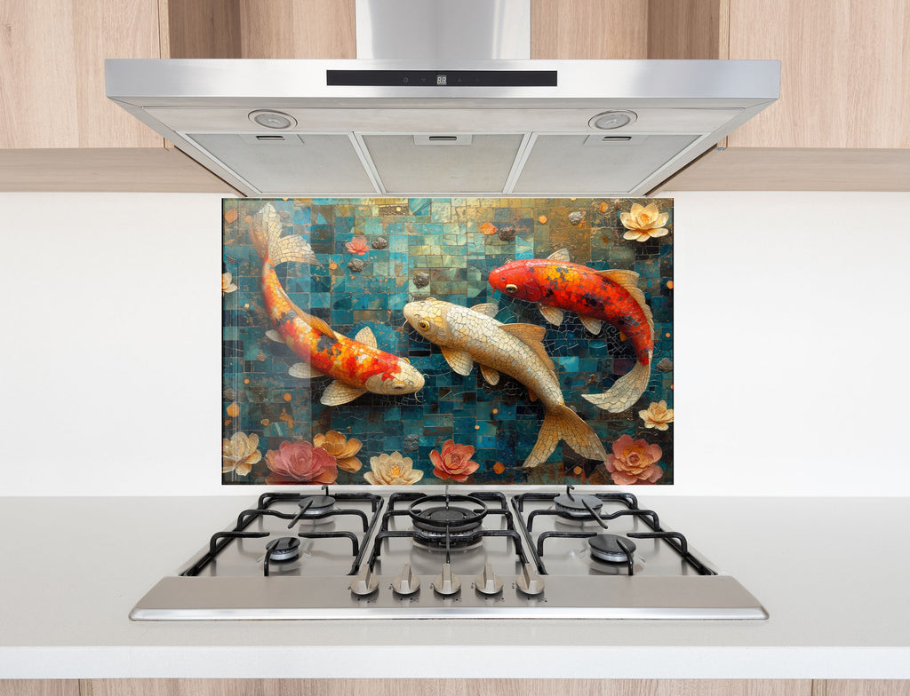 Mosaic Tempered Glass Kitchen Backsplash with Koi Fish and Floral Design-BacksplashArtworks