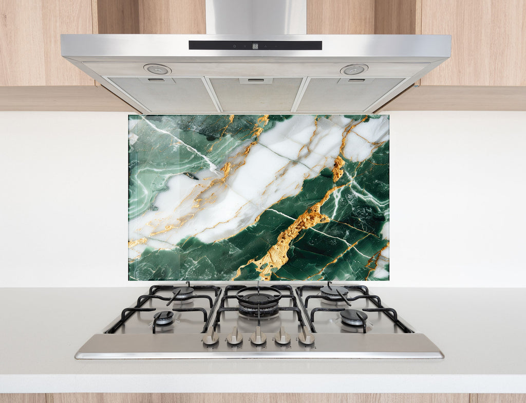 Green & White Gold Vein Marble - Glass Kitchen Backsplash-BacksplashArtworks