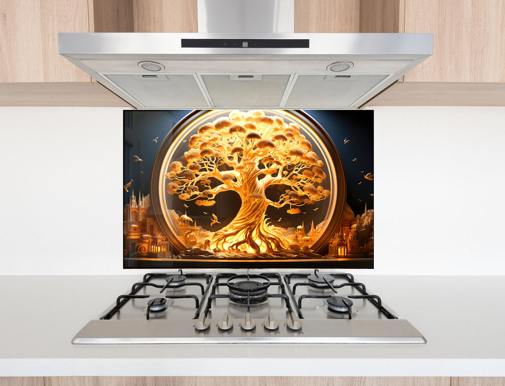 Gold Tree of Life - Glass Kitchen Backsplash-BacksplashArtworks