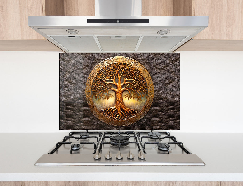 Golden Life of Tree - Tempered Glass Kitchen Backsplash-BacksplashArtworks