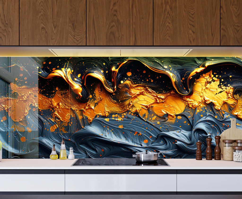Golden Flow – Artistic Glass Kitchen Backsplash-BacksplashArtworks