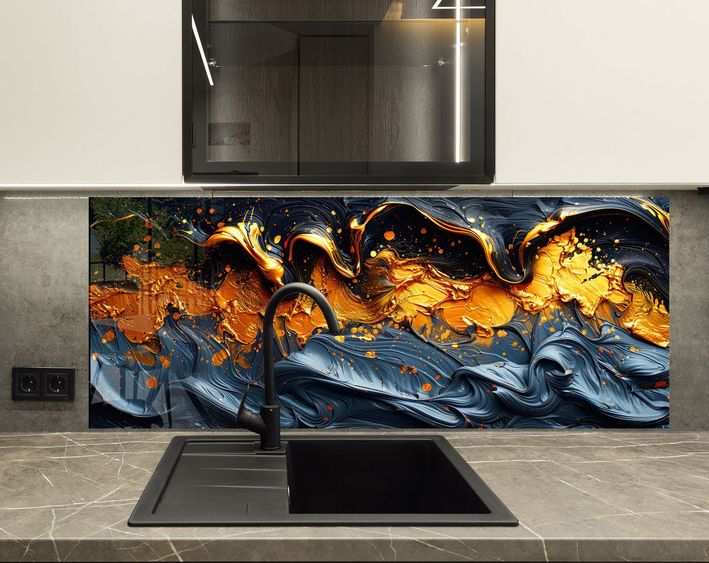 Golden Flow – Artistic Glass Kitchen Backsplash-BacksplashArtworks