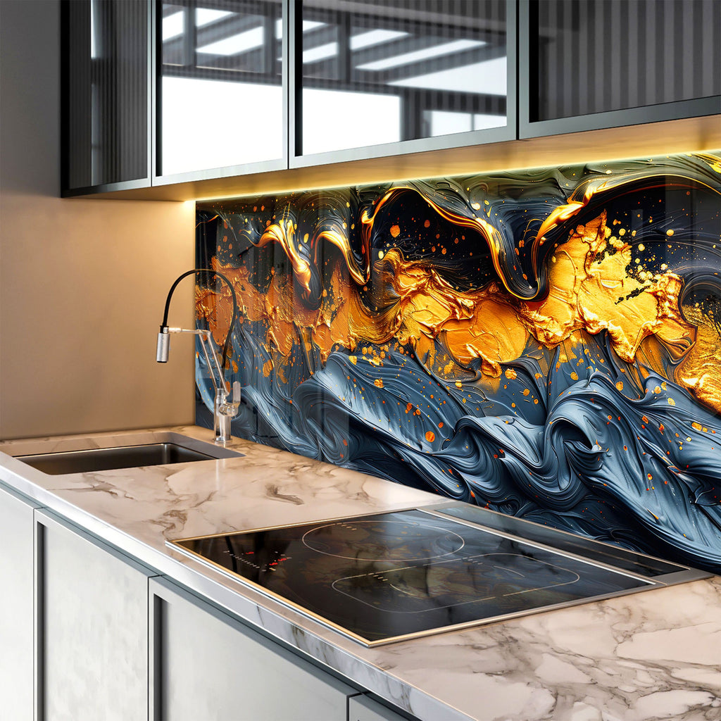 Golden Flow – Artistic Glass Kitchen Backsplash-BacksplashArtworks