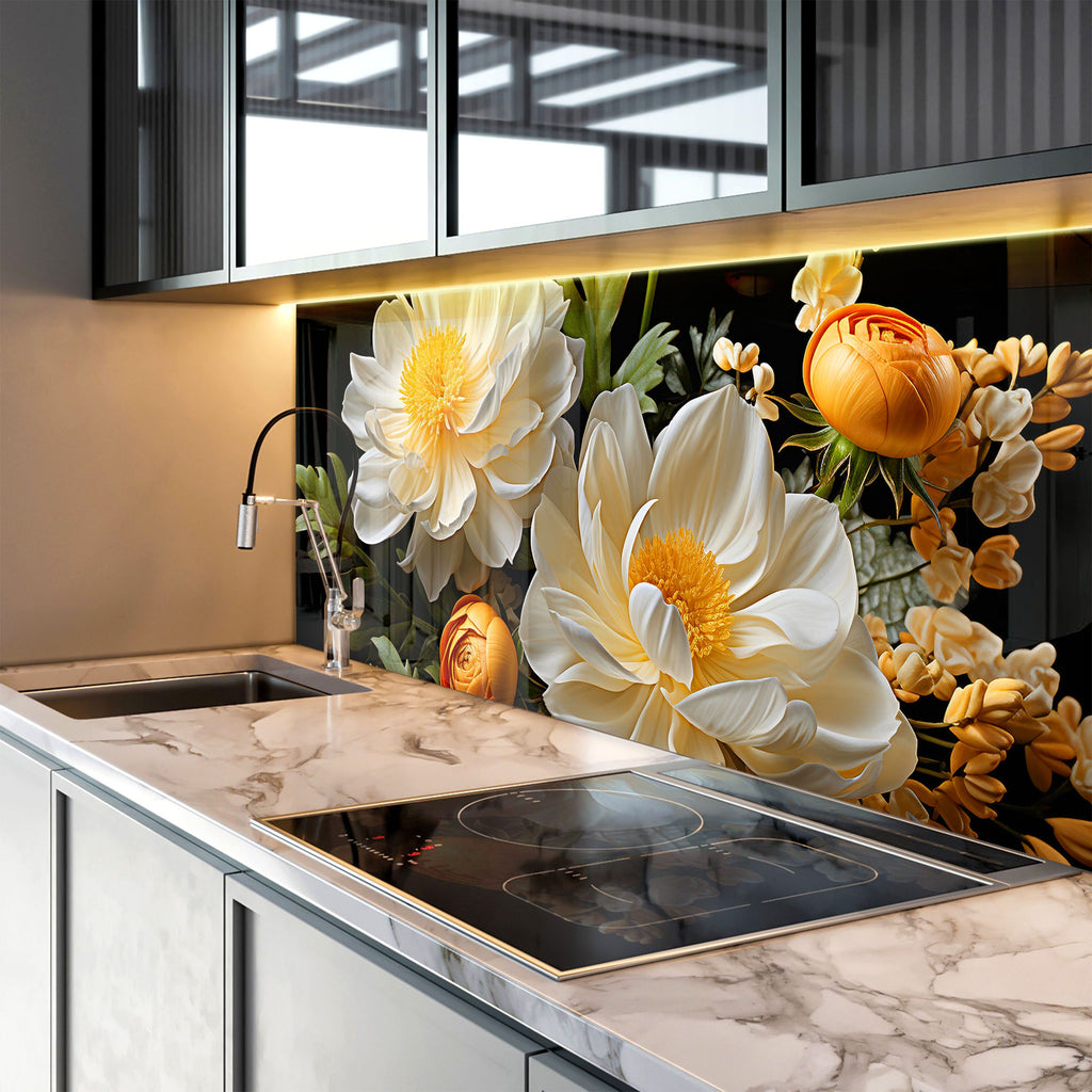 Golden Bloom Elegance - Glass Kitchen Backsplash-BacksplashArtworks