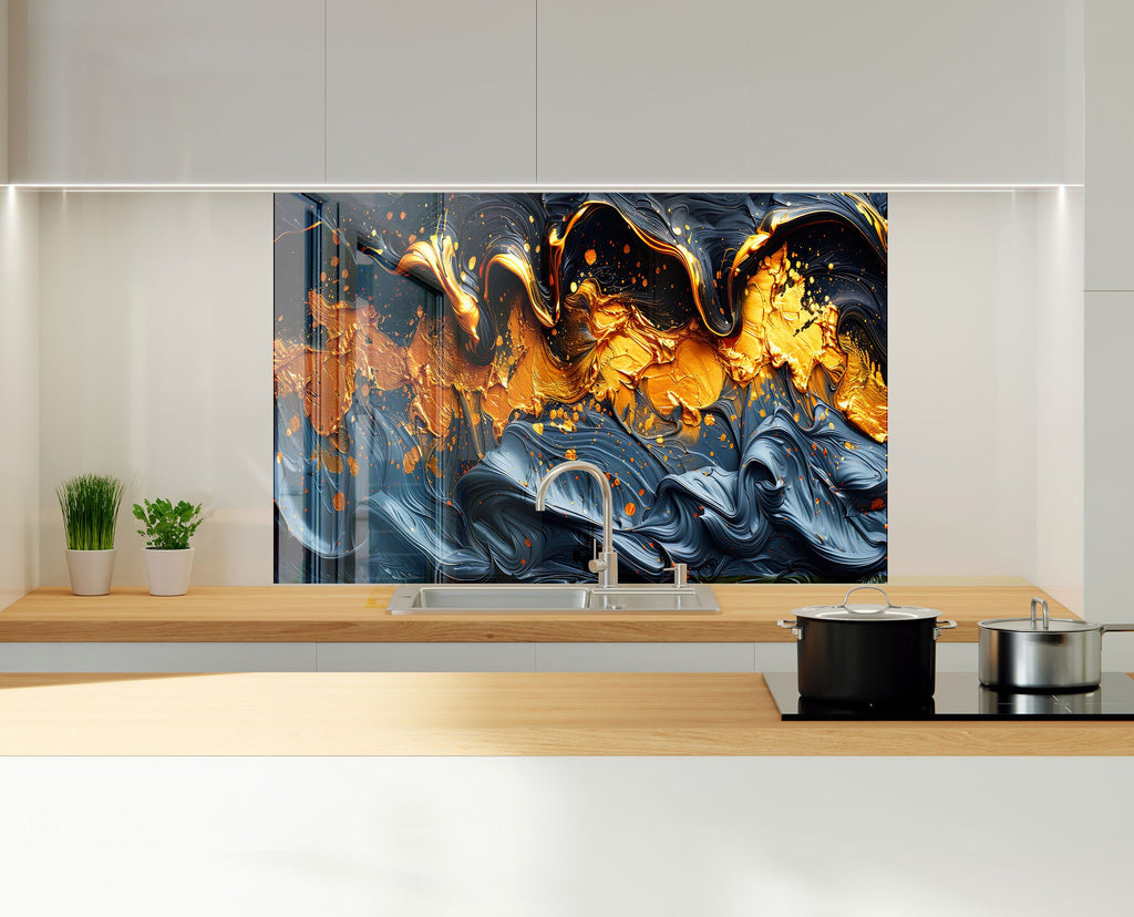 Golden Flow – Artistic Glass Kitchen Backsplash-BacksplashArtworks