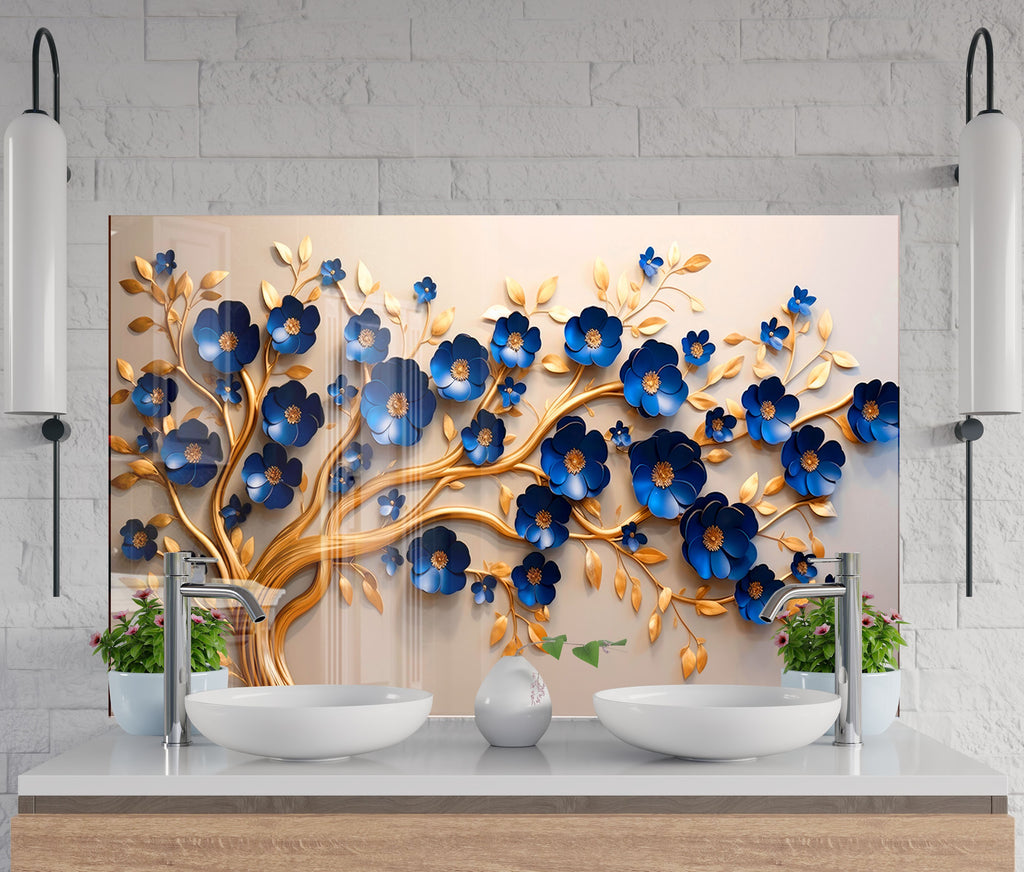 Golden Sapphire Blossom - Glass Kitchen Backsplash-BacksplashArtworks
