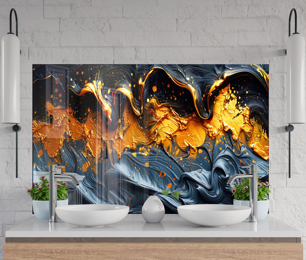 Golden Flow – Artistic Glass Kitchen Backsplash-BacksplashArtworks