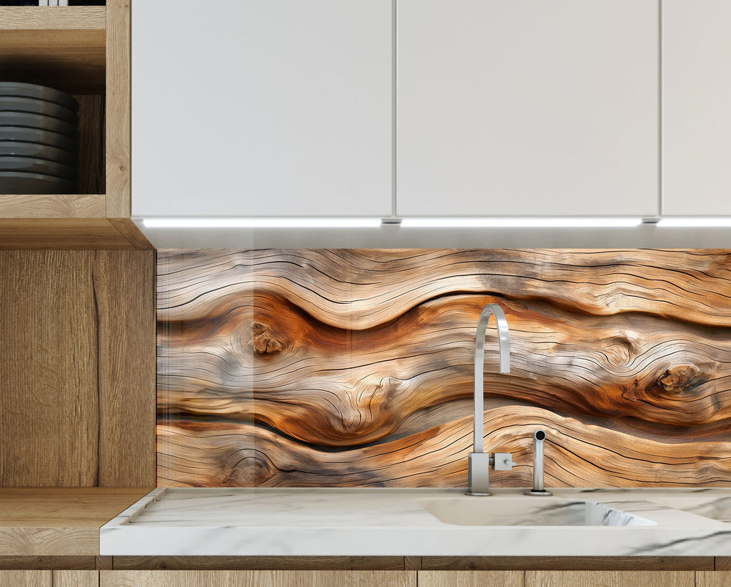 Wood Waves – Natural Wood Glass Kitchen Backsplash-BacksplashArtworks