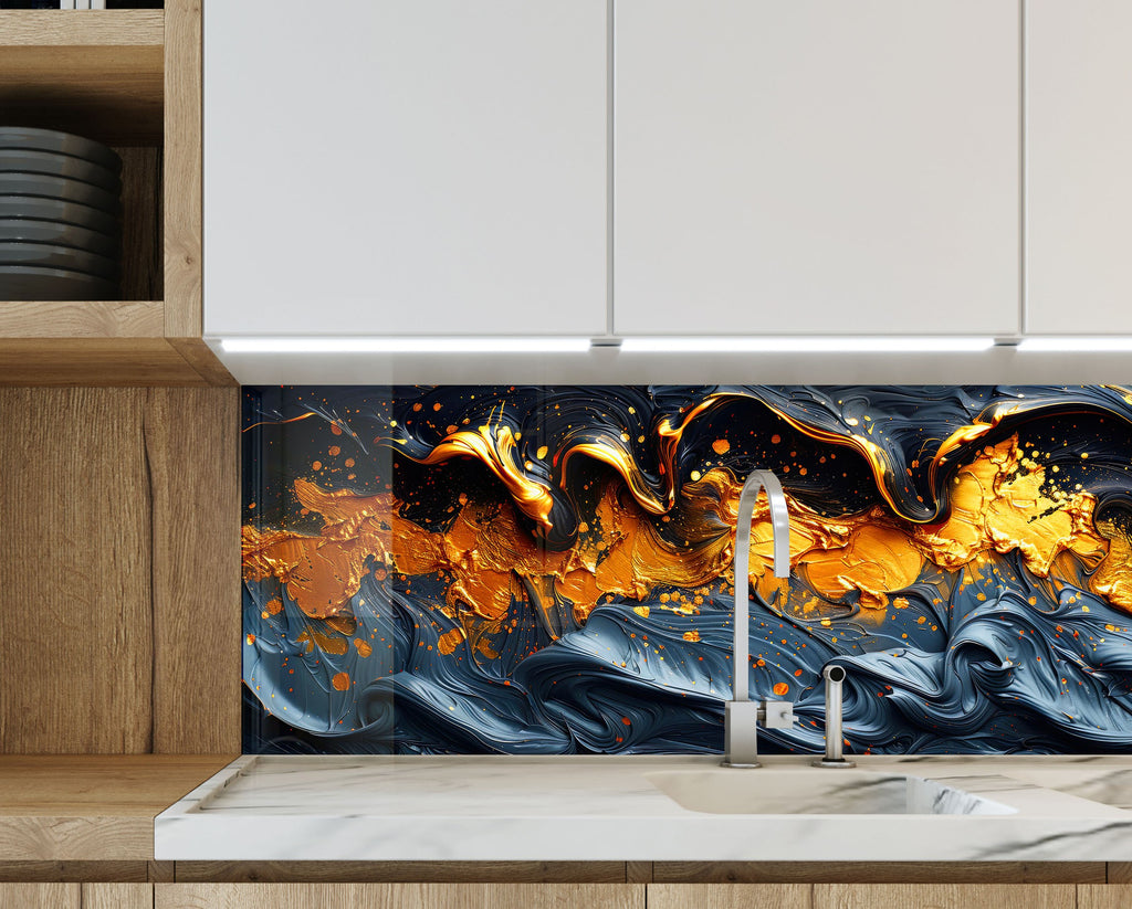 Golden Flow – Artistic Glass Kitchen Backsplash-BacksplashArtworks