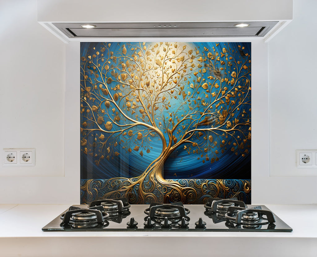 Gold & Blue Tree of Life - Glass Kitchen Backsplash-BacksplashArtworks