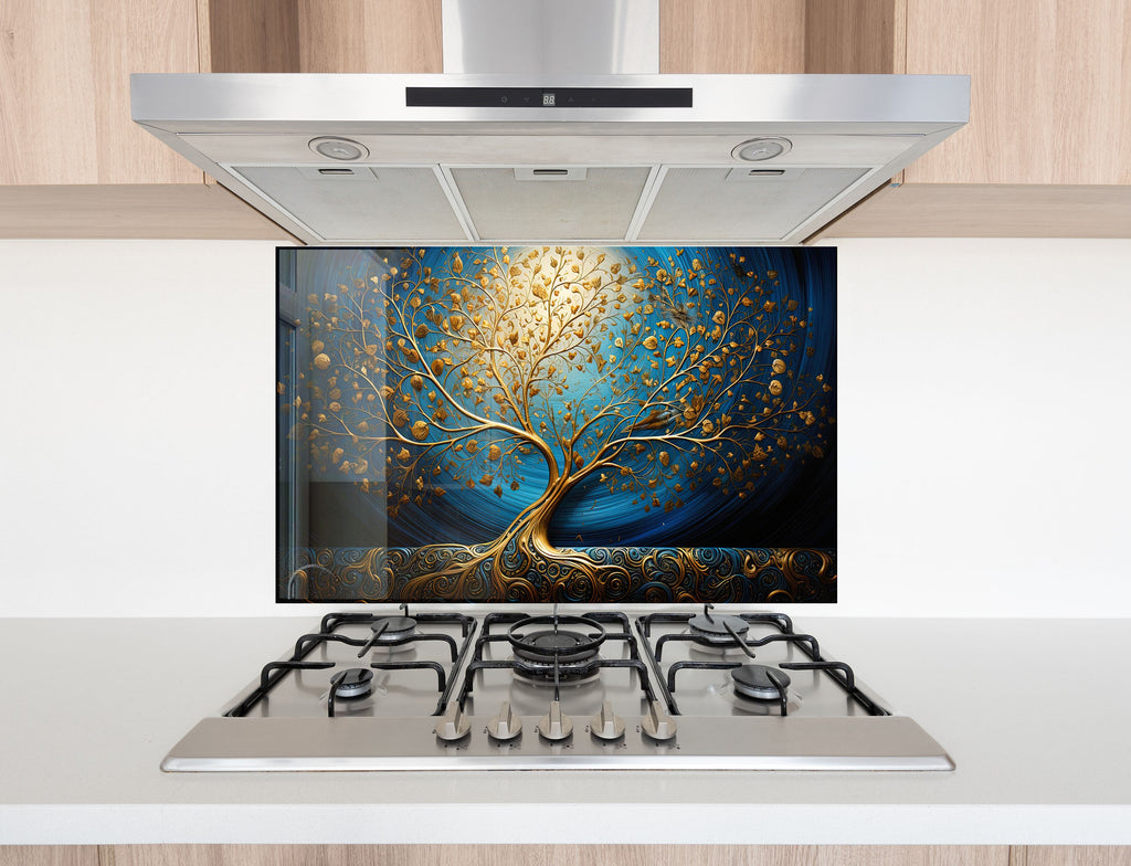 Gold & Blue Tree of Life - Glass Kitchen Backsplash-BacksplashArtworks