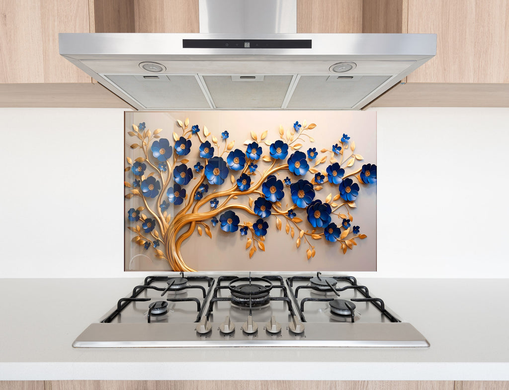 Golden Sapphire Blossom - Glass Kitchen Backsplash-BacksplashArtworks