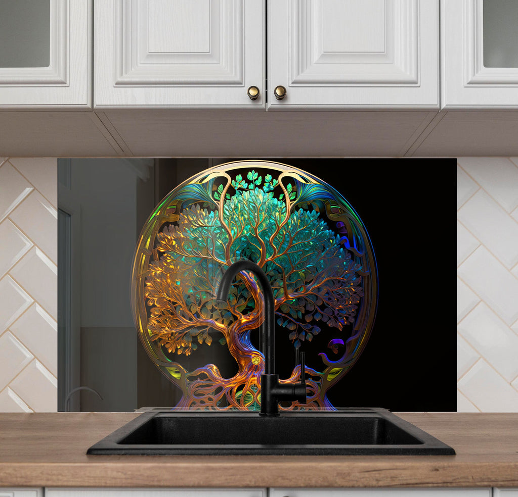 Ethereal Tree of Life - Glass Kitchen Backsplash-BacksplashArtworks