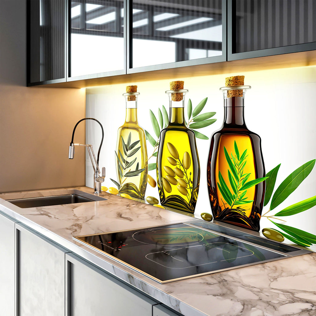 Olive Oil Glass Kitchen Backsplash – Elegant Olive Oil Bottles Design-BacksplashArtworks