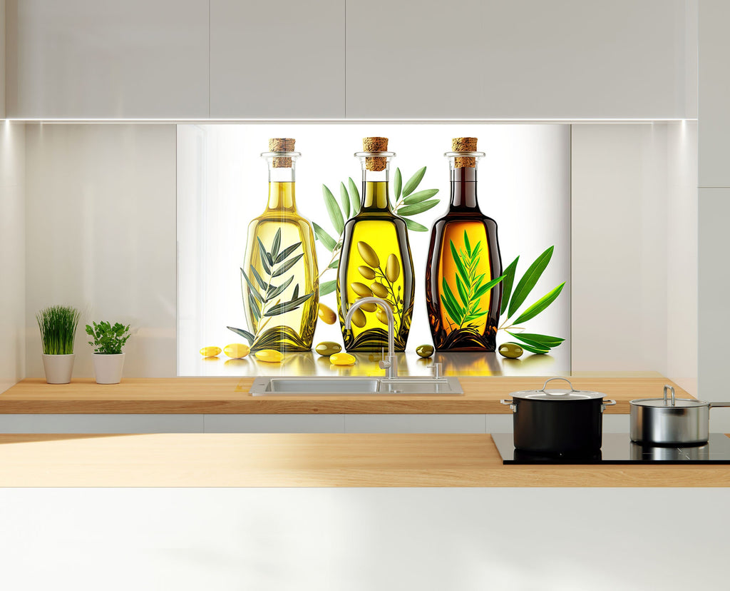 Olive Oil Glass Kitchen Backsplash – Elegant Olive Oil Bottles Design-BacksplashArtworks