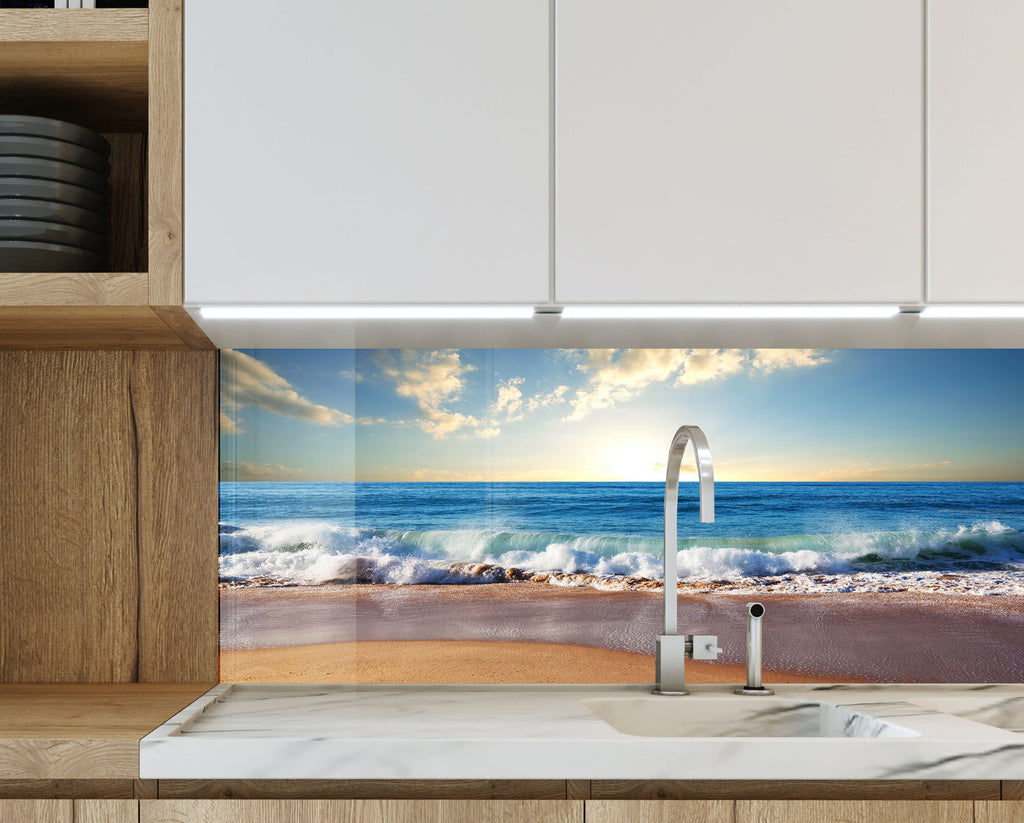 Golden Beach Waves - Glass Kitchen Backsplash-BacksplashArtworks