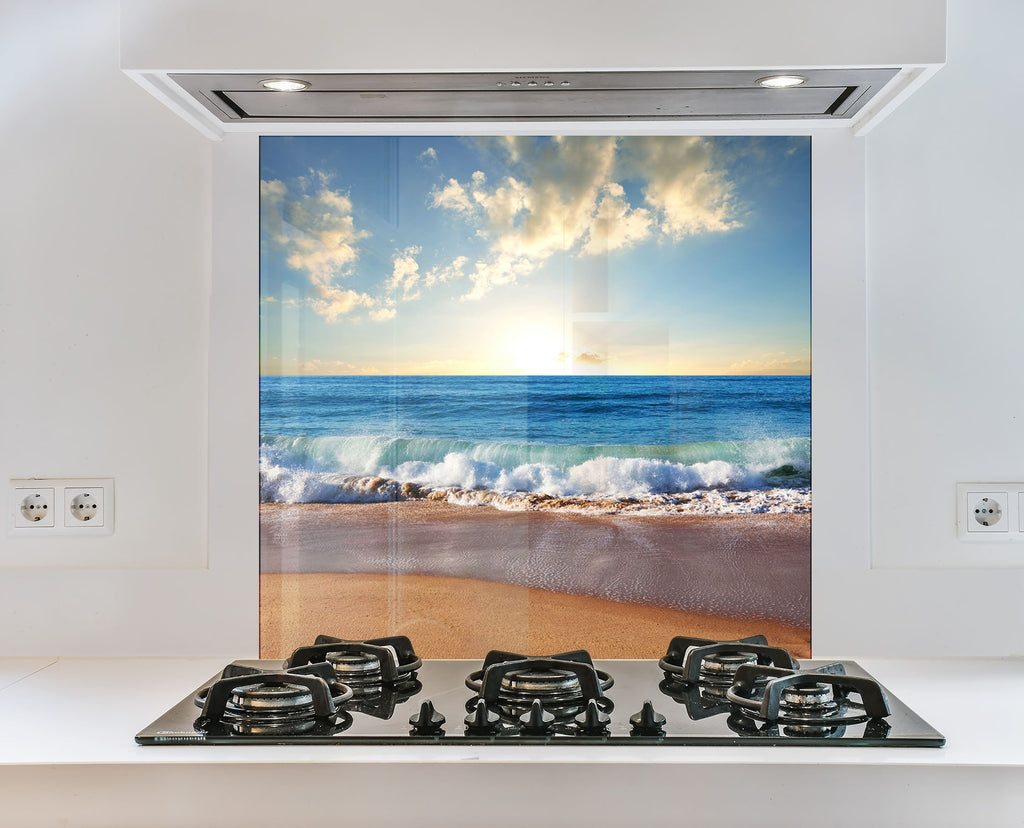 Golden Beach Waves - Glass Kitchen Backsplash-BacksplashArtworks