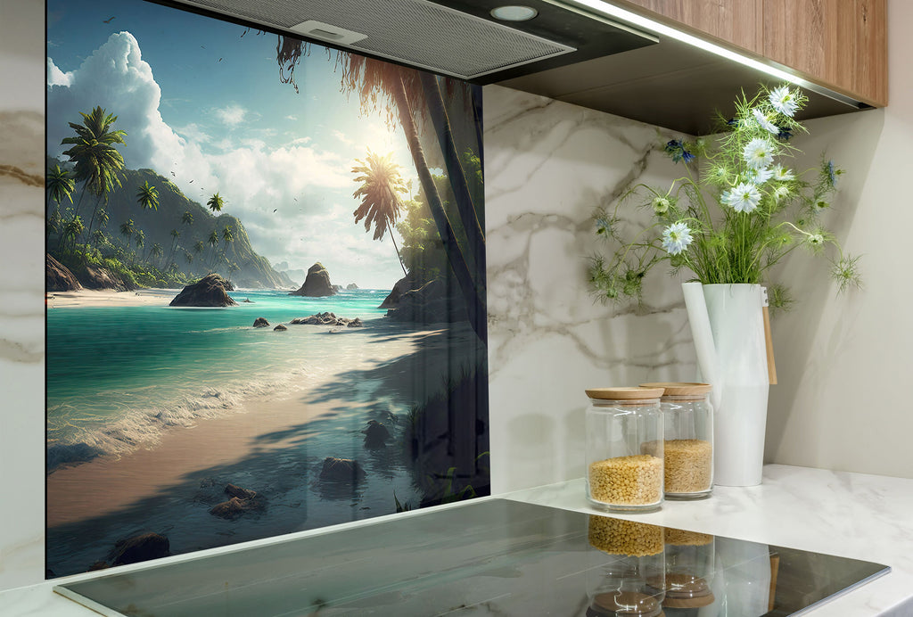 Tropical Paradise Beach - Tempered Glass Kitchen Backsplash-BacksplashArtworks