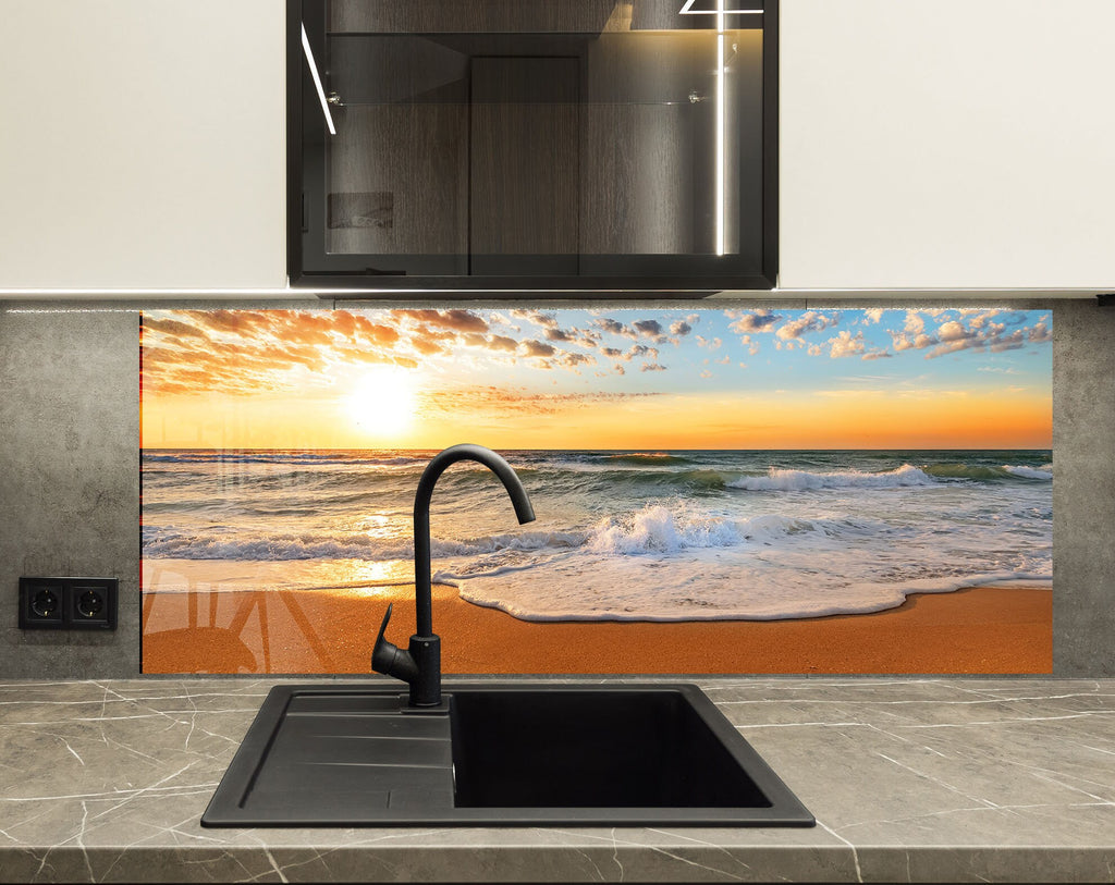 Golden Beach Sunset Wall Art - Tempered Glass Kitchen Backsplash-BacksplashArtworks