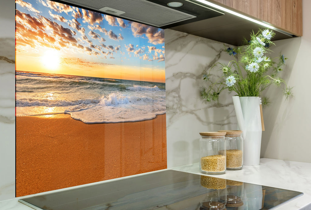 Golden Beach Sunset Wall Art - Tempered Glass Kitchen Backsplash-BacksplashArtworks