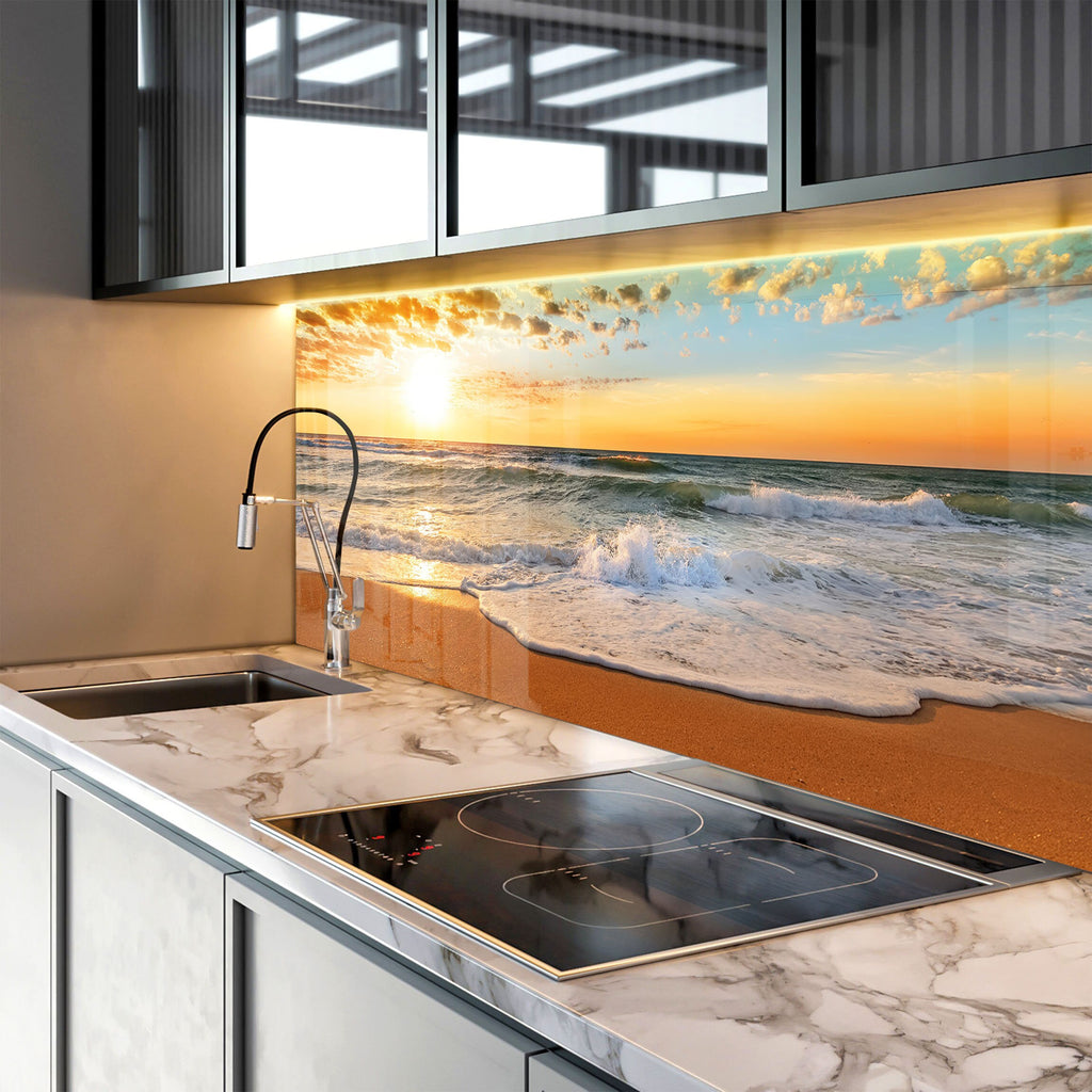 Golden Beach Sunset Wall Art - Tempered Glass Kitchen Backsplash-BacksplashArtworks