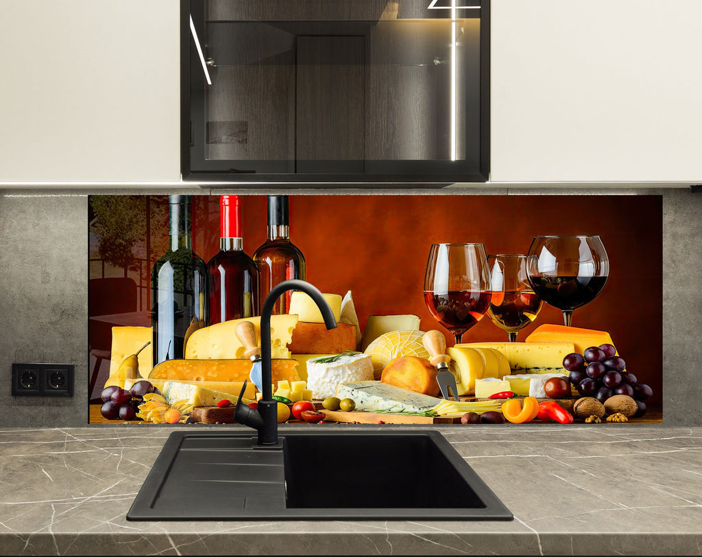 Wine & Cheese Glass Kitchen Backsplash – Elegant Wine & Cheese Design-BacksplashArtworks