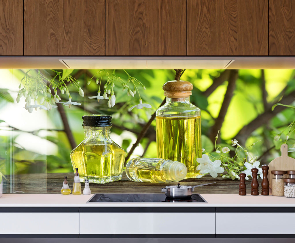 Olive Oil Glass Kitchen Backsplash – Fresh Olive and Blossom Design-BacksplashArtworks