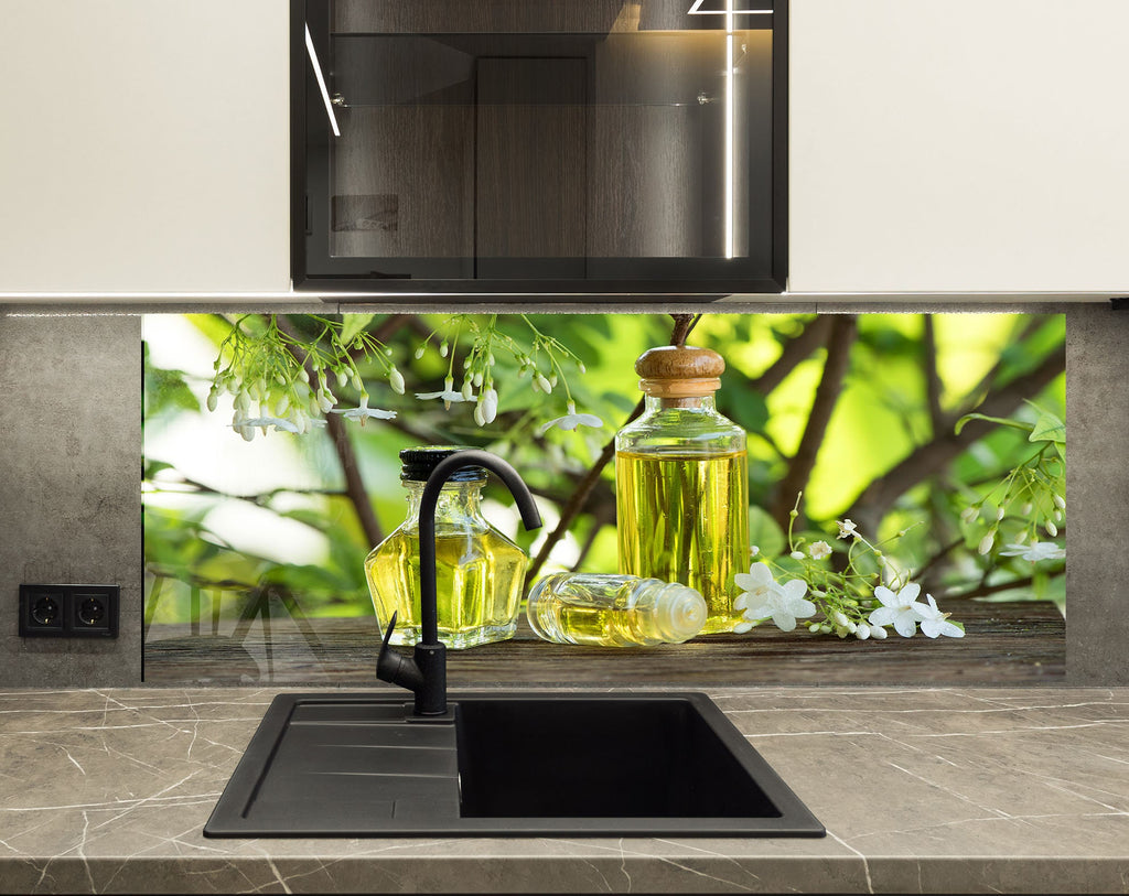 Olive Oil Glass Kitchen Backsplash – Fresh Olive and Blossom Design-BacksplashArtworks