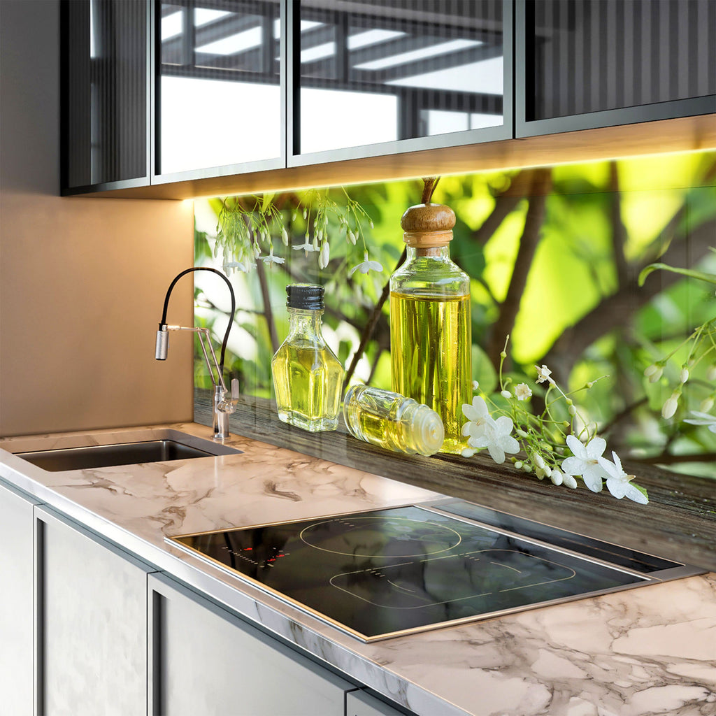 Olive Oil Glass Kitchen Backsplash – Fresh Olive and Blossom Design-BacksplashArtworks