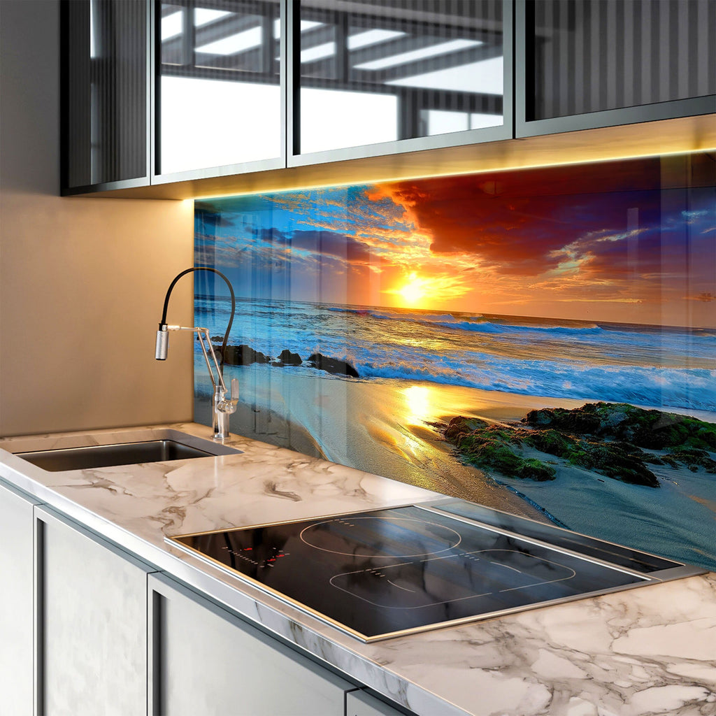 Golden Sunset Beach - Tempered Glass Kitchen Backsplash-BacksplashArtworks