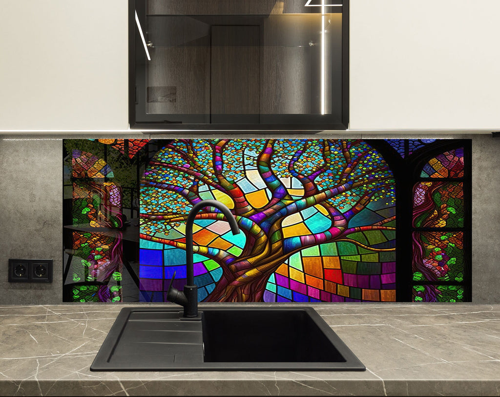Colored Tree of Life Stained - Glass Kitchen Backsplash-BacksplashArtworks