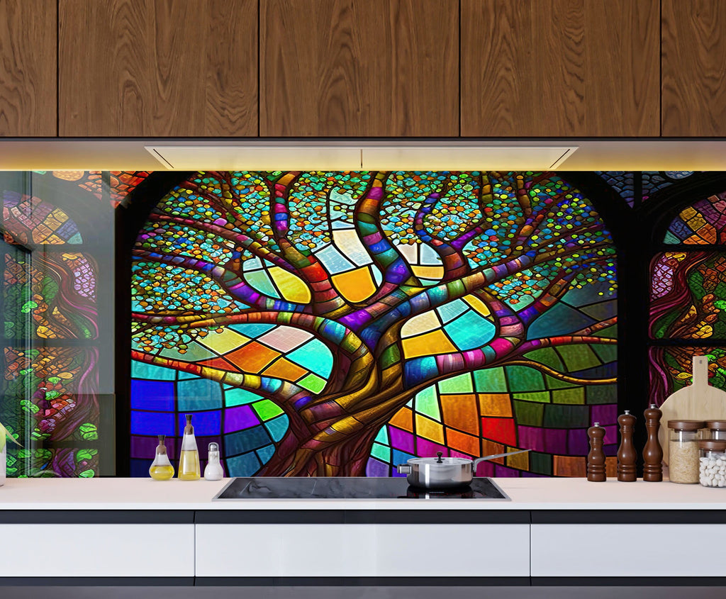 Colored Tree of Life Stained - Glass Kitchen Backsplash-BacksplashArtworks