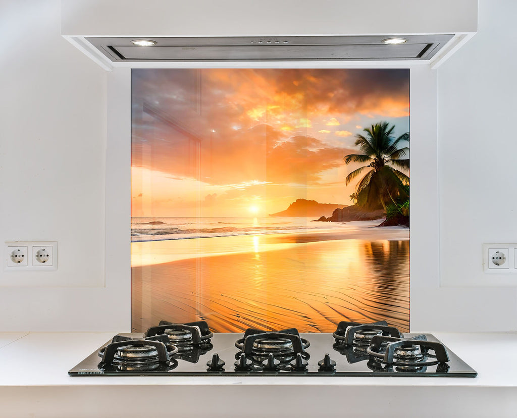Tropical Sunset Beach Wall Art – Tempered Glass Bathroom Backsplash-BacksplashArtworks