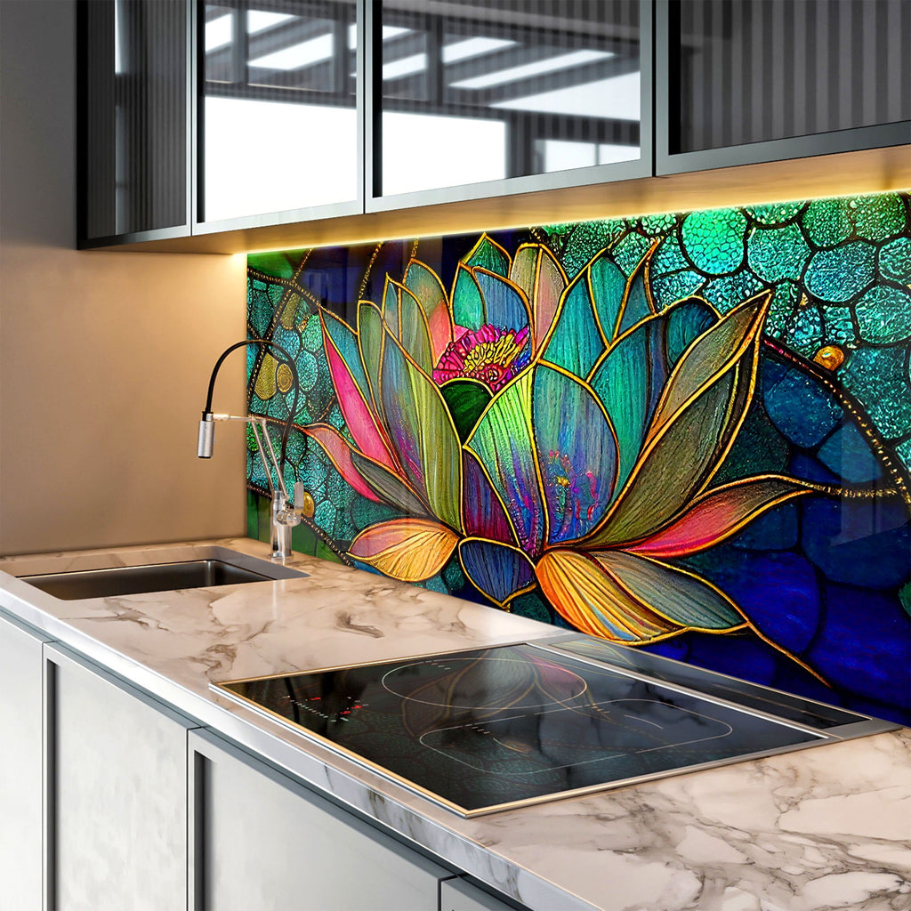 Lotus Stained - Glass Kitchen Backsplash-BacksplashArtworks