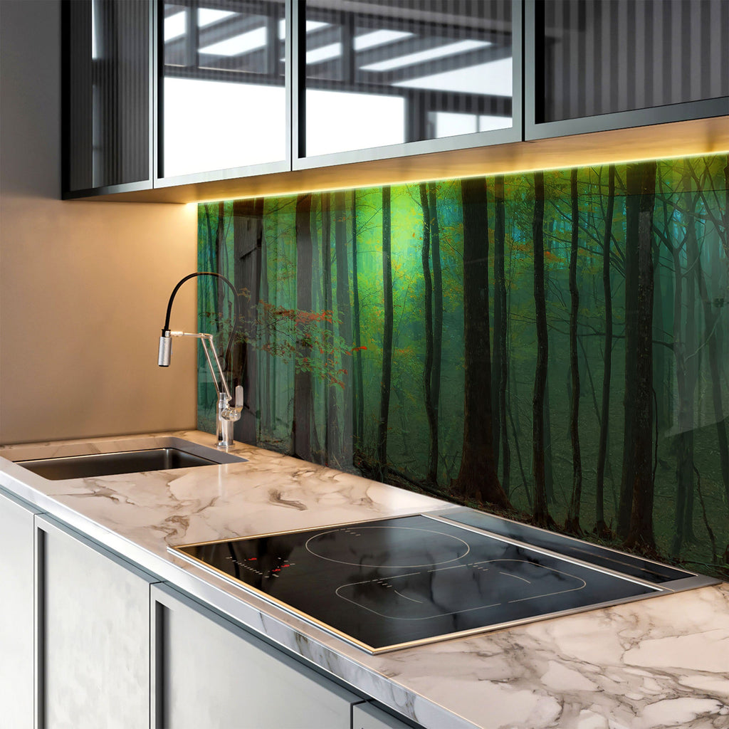 Mystic Forest Glow - Glass Kitchen Backsplash-BacksplashArtworks